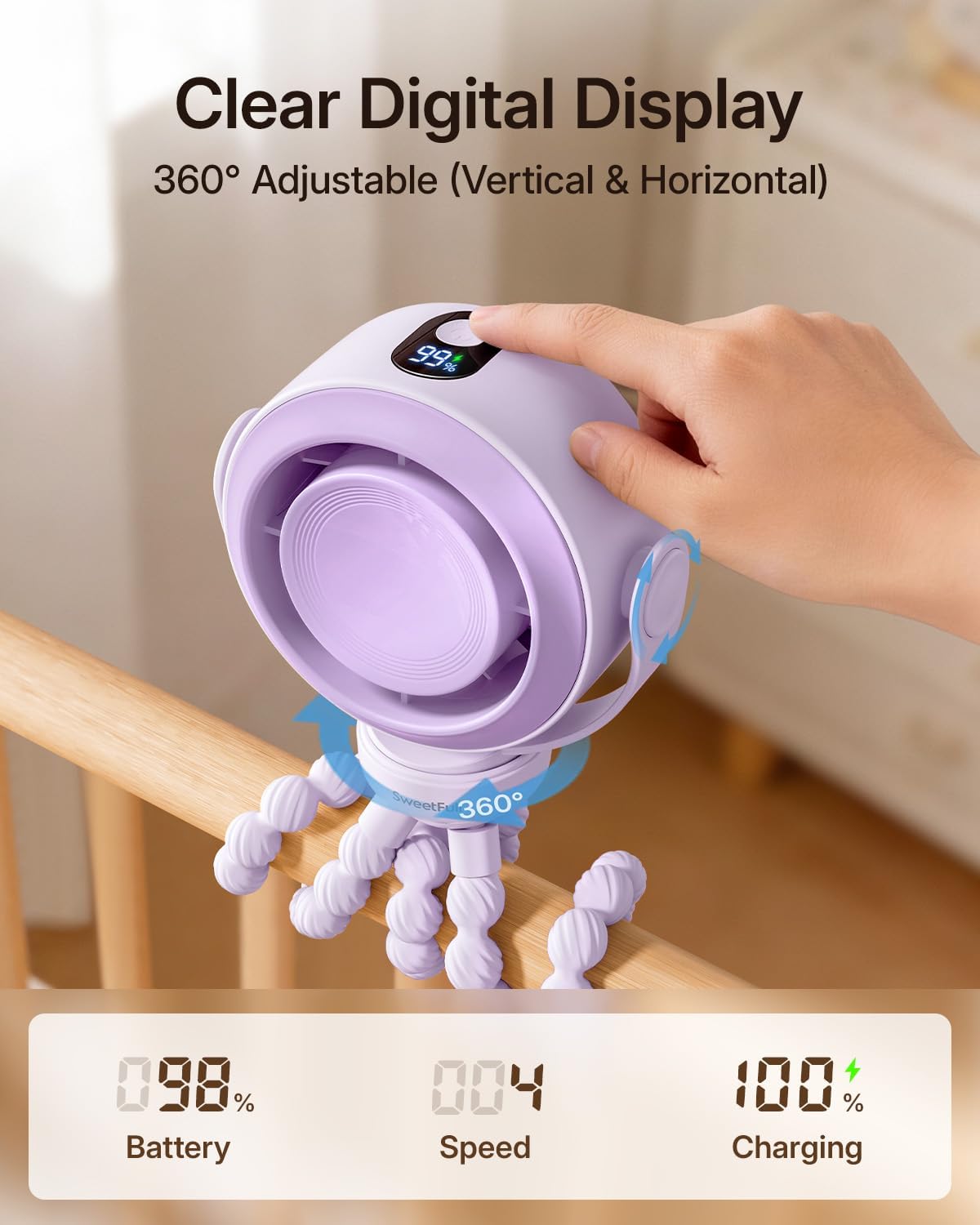 SWEETFULL Portable Stroller Fan, Pinch-Proof Baby Fan - Purple | Wide Turbine Airflow; Safe Design; LED Display; 5-Speed; 30dB Quiet; USB-C Rechargeable; Mini Clip On Fan for Car Seat & Bed