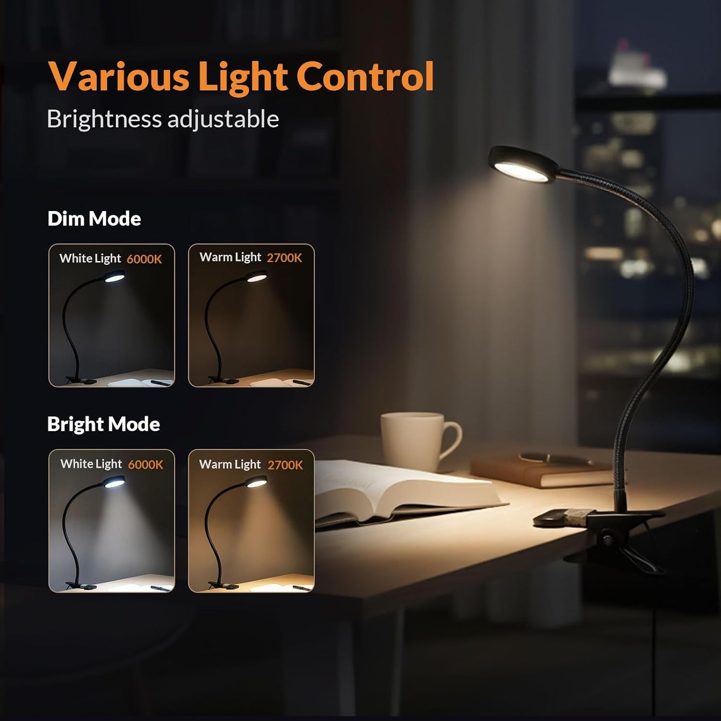 LEPOWER Clip on Light, Book Reading Lamp for Desk, Bed Headboard and Dorm | Adjustable Gooseneck, Color & Brightness Changeable, Adapter Included, LED Table Lamp for Computer, Bedside, Metal, Black