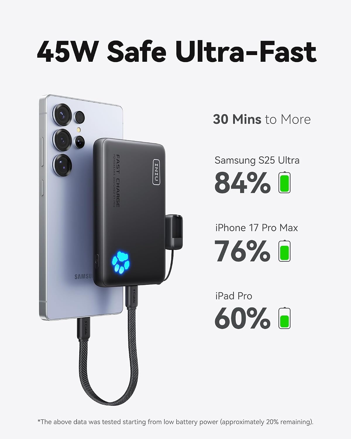 INIU 45W Fast Charging Portable Charger, 40% Smaller 10000mAh with Detachable Cable, Flight-Safe Travel Power Bank, USB C External Phone Battery Pack for iPhone 17 16 Pro iPad Samsung S26 Google etc