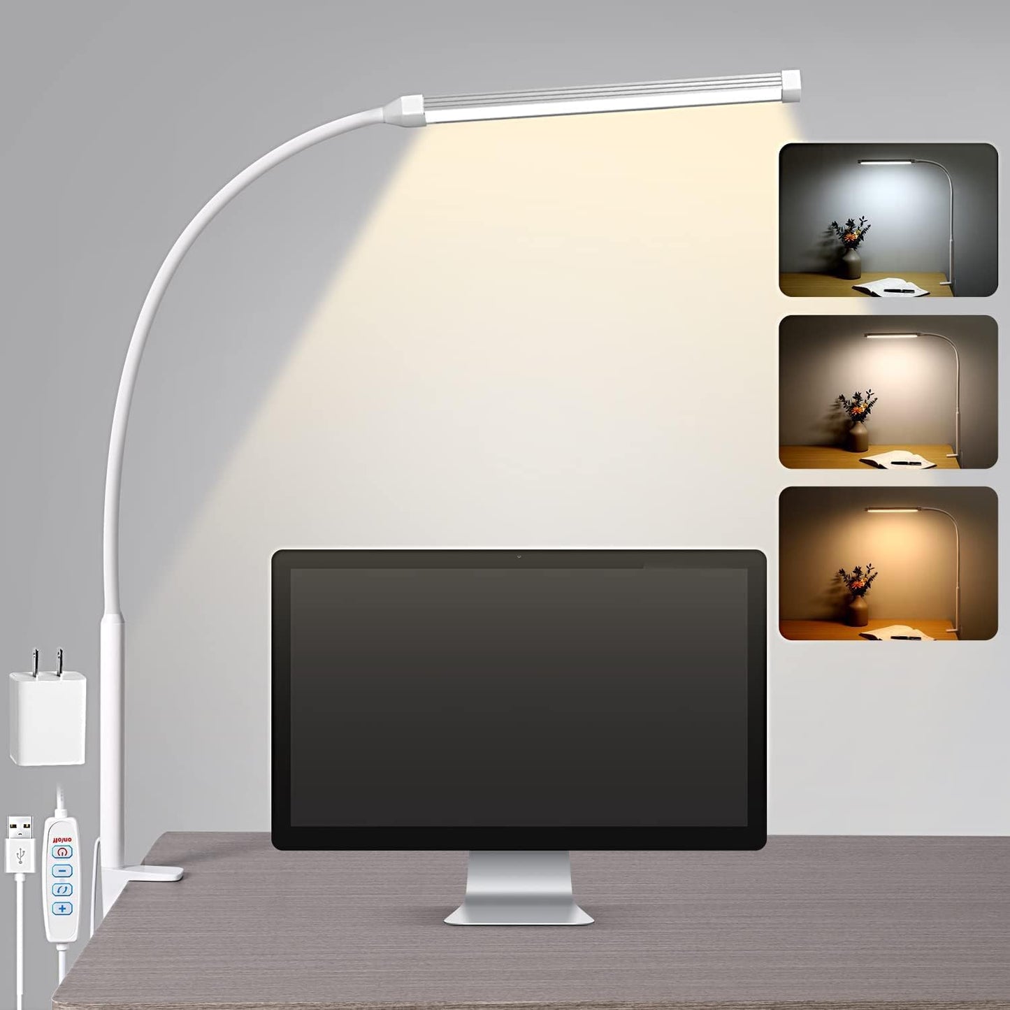 LED Desk Lamp with Clamp, Clip on Lights for Home Office, Black | 3 Modes 10 Brightness, Long Flexible Goose-Neck, Eye-Caring, Memory Function, Energy Efficient, USB Adapter, Metal