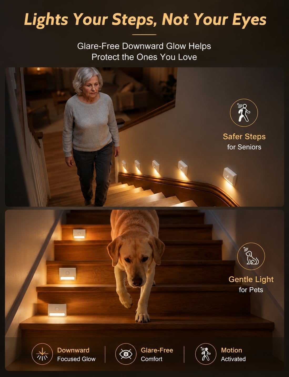 Sujeet Motion Sensor Stair Lights Indoor, 6 Pack Rechargeable Stairway Lights with Glare-Free Downward Glow, 2-Month Battery Life, 3 Color Temperatures, Adjustable 15s/30s Timer, Magnetic Step Lights