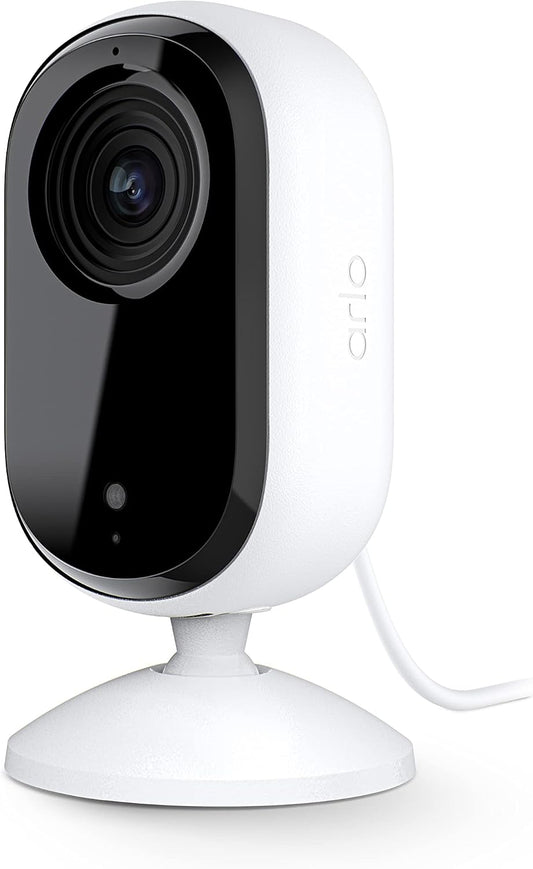 Arlo Essential Indoor Security Camera 2K (2nd Gen, 2023 Release) - Wired Plug-in Power, Person Recognition, Animal Detection, 1-Month Trial of Secure Plan, Automated Privacy Shield, 1 Cam, White