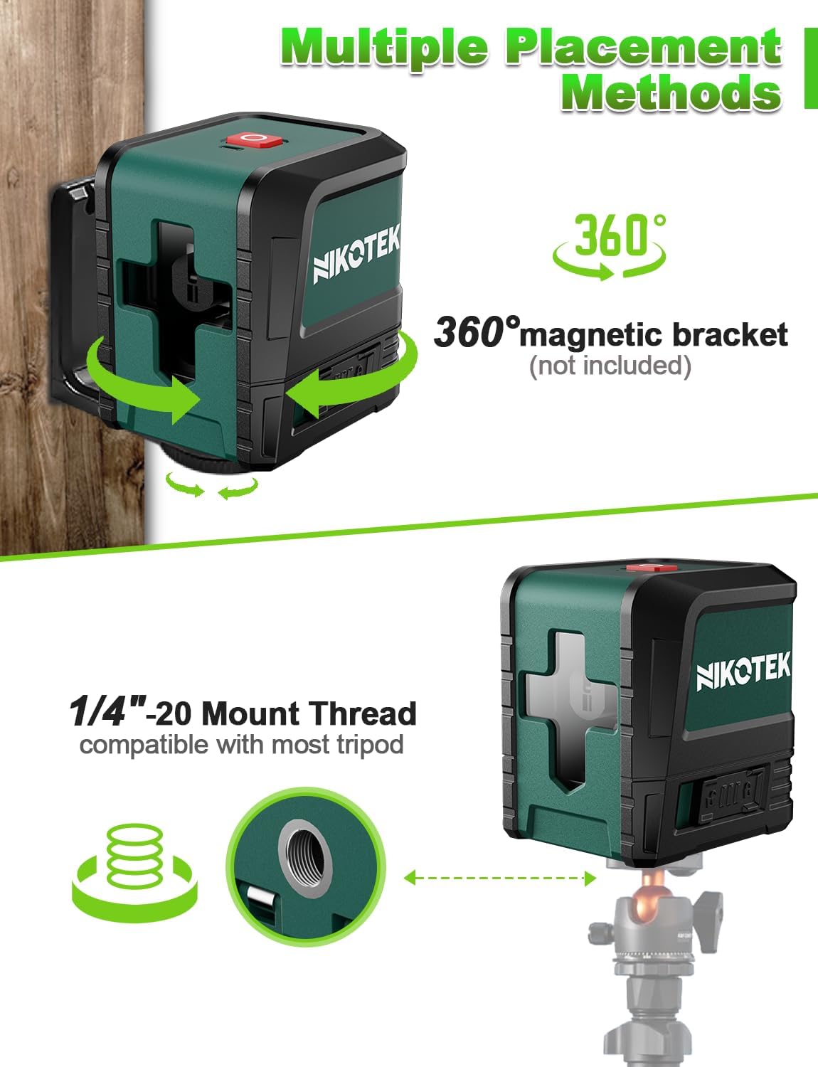 Laser Level, Self-leveling Green Line Laser With Horizontal and Vertical Lines for Construction and Picture Hanging, Battery Included (NK01G)