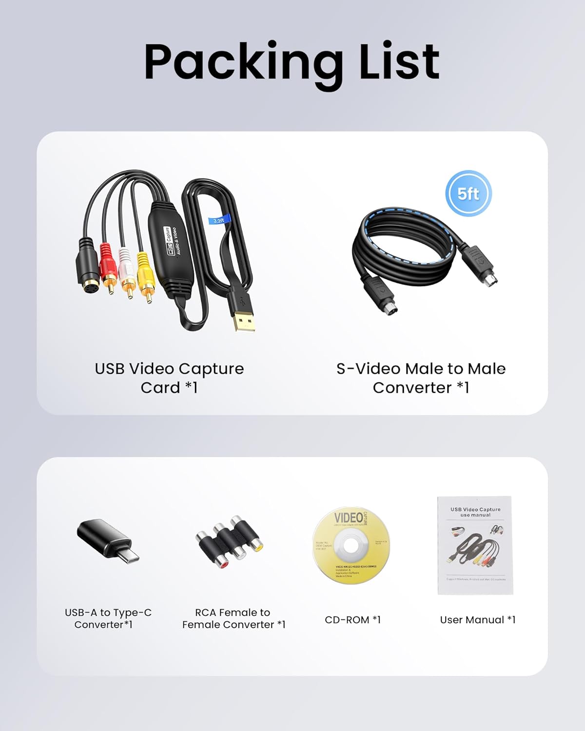 3.3 Feet VHS to Digital Converter, Type-C/USB 2.0 Video Cpture Card | RCA AV to USB Audio Video Converter, 1080 Video Capture Device Convert VHS VCR DVD to Digital Adapter for Windows, Mac OS