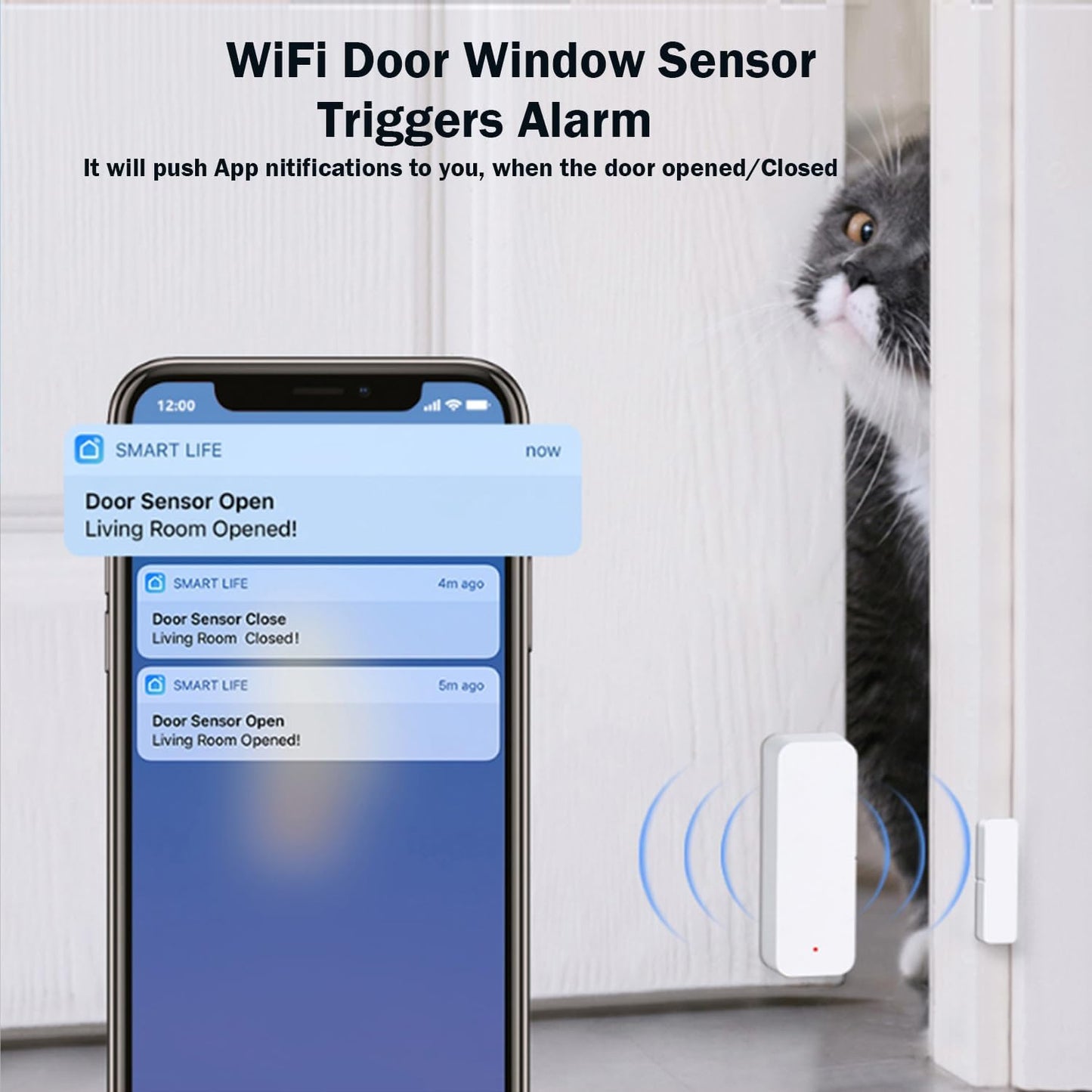 WiFi Door Sensor Window Detector: Smart Window Contact Sensor, Wireless Magnetic Door Open Detector with Free Notification Alerts, Compatible with Alexa Google Assistant (1-Pack)