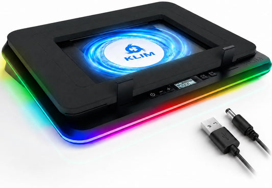 KLIM Turbofrost Gaming Laptop Cooling Pad, 16,000 RPM, RGB, USB-C/DC | 4 turbo fans, aircraft-grade aluminum, anti-dust, dual USB-C/DC power, 3 extra USB ports, up to 17.3in, Full Black