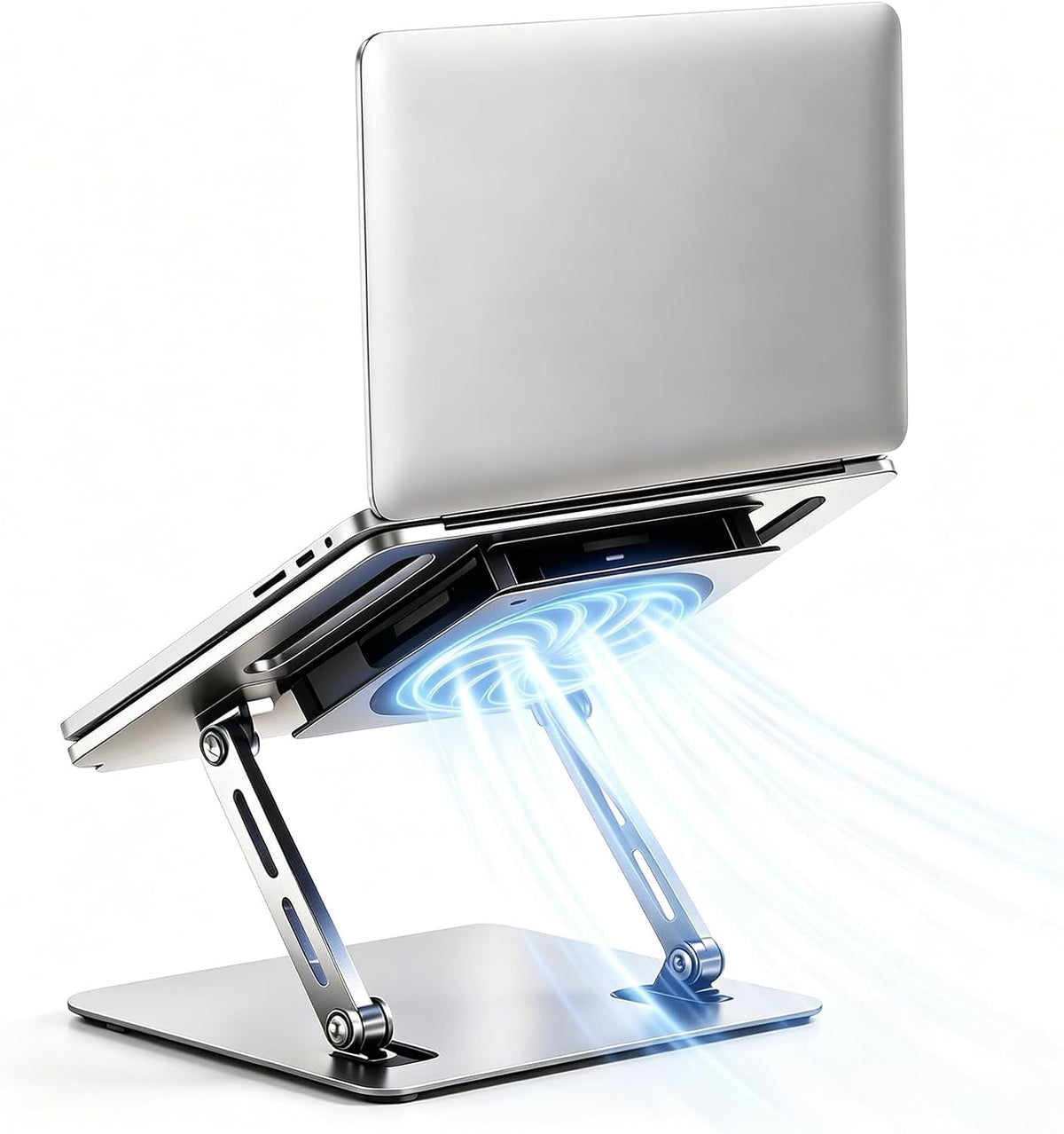 Laptop Cooling Stand with 12cm Turbo Fan, Ergonomic Dual-Axis Laptop Riser with 30cm Height Adjustment & 180° Rotation, 20KG Bearing Desk Stand for 11"-17" Laptops, Tablets, Gaming & Work (Silver)