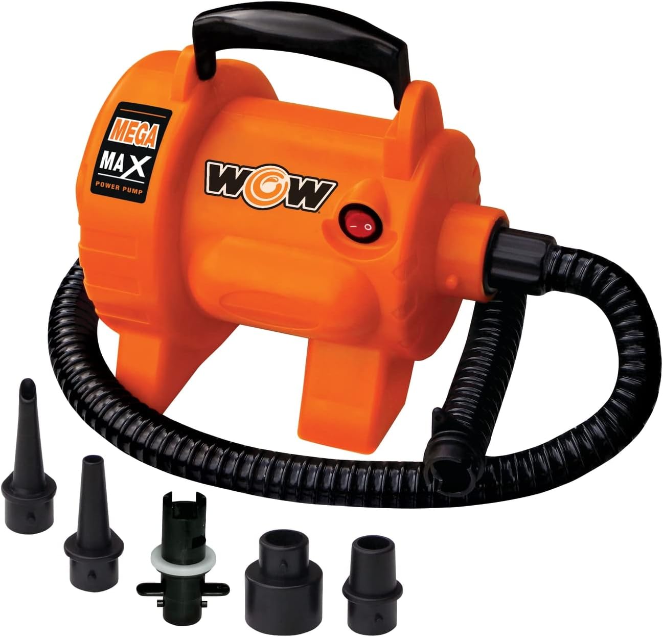 WOW Sports 120V AC Electric Pump - 600 L/min Air Inflator - 5 Adapters | A 120V AC air pump for towables, pool floats, and air mattresses. 600 L/min; adapters for Boston, pinch, and standard valves.