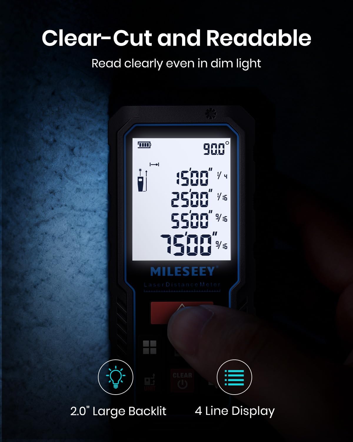 MILESEEY Laser Measure, 229ft Laser Measuring Tool with Angle Sensor | 2mm Accuracy, Distance/Area/Volume/Pythagorean Measurement, 2" LCD Backlit, Ft/In/Ft+In/M Unit Switching, Battery Included
