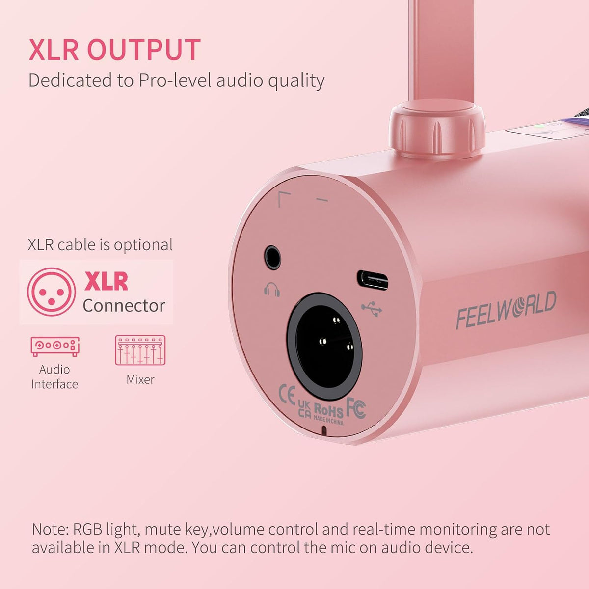 FEELWORLD PM1 Pink XLR USB Metal Podcast Dynamic Microphone with Boom Arm | PC Computer Gaming Streaming Mic with RGB Light, Studio Vocal Mic for Singing Recording Gifts, Mute Button, Headphones Jack