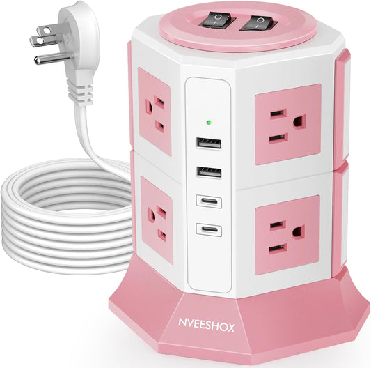 Surge Protector Power Strip Tower with 8 AC Outlets 4 USB Ports(2 Type C) | 6.5FT Thin Extension Cord with Multiple Outlets, Desktop Charging Station, Flat Plug Outlet Extender for Home Office Dorm