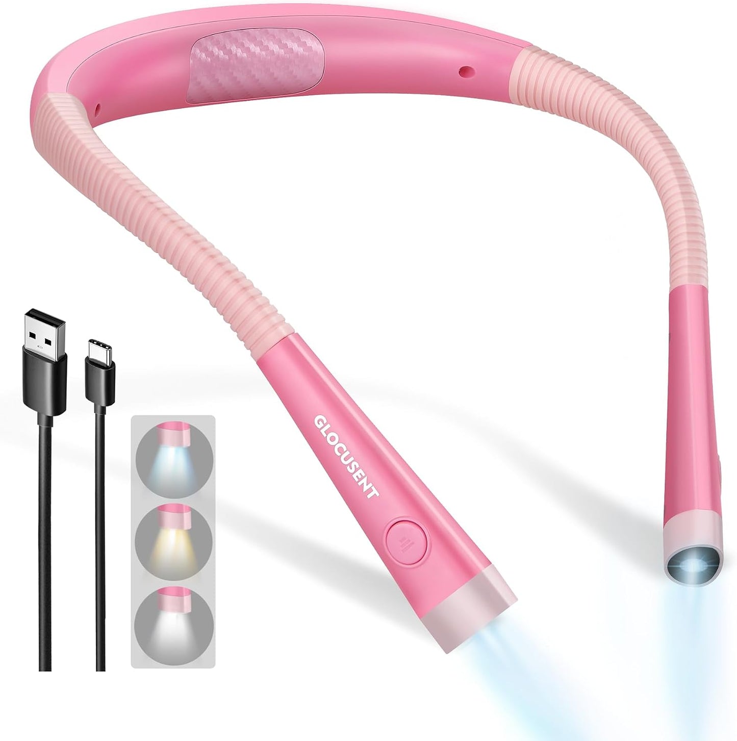 Glocusent Reading Light,Pink Neck Light,80-hr Rechargeable Book Light | 3-Color&6-Brightness, USB-C,LED Neck Reading Light,Women, Travel,Portable, Repairing,Crochet, Christmas, Book Lovers Gifts