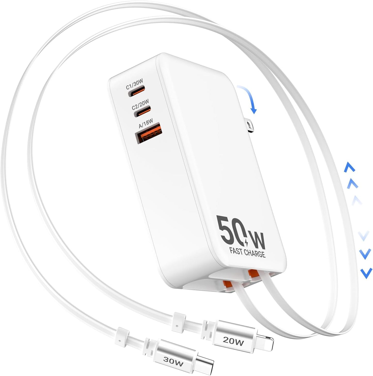5-in-1 Retractable Wall Charger with Dual Cables, 50W Retractable Phone Charger with 3.3FT USB C & Lightening Cables,30W Fast Charging Block Wall Plug for iPhone 17 16 15 14 13,G-alaxy S26 S25,i Pad