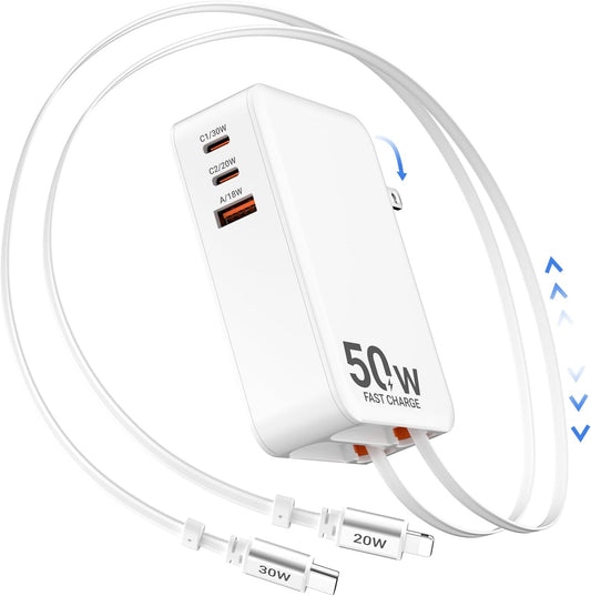 5-in-1 Retractable Wall Charger with Dual Cables, 50W Retractable Phone Charger with 3.3FT USB C & Lightening Cables,30W Fast Charging Block Wall Plug for iPhone 17 16 15 14 13,G-alaxy S26 S25,i Pad