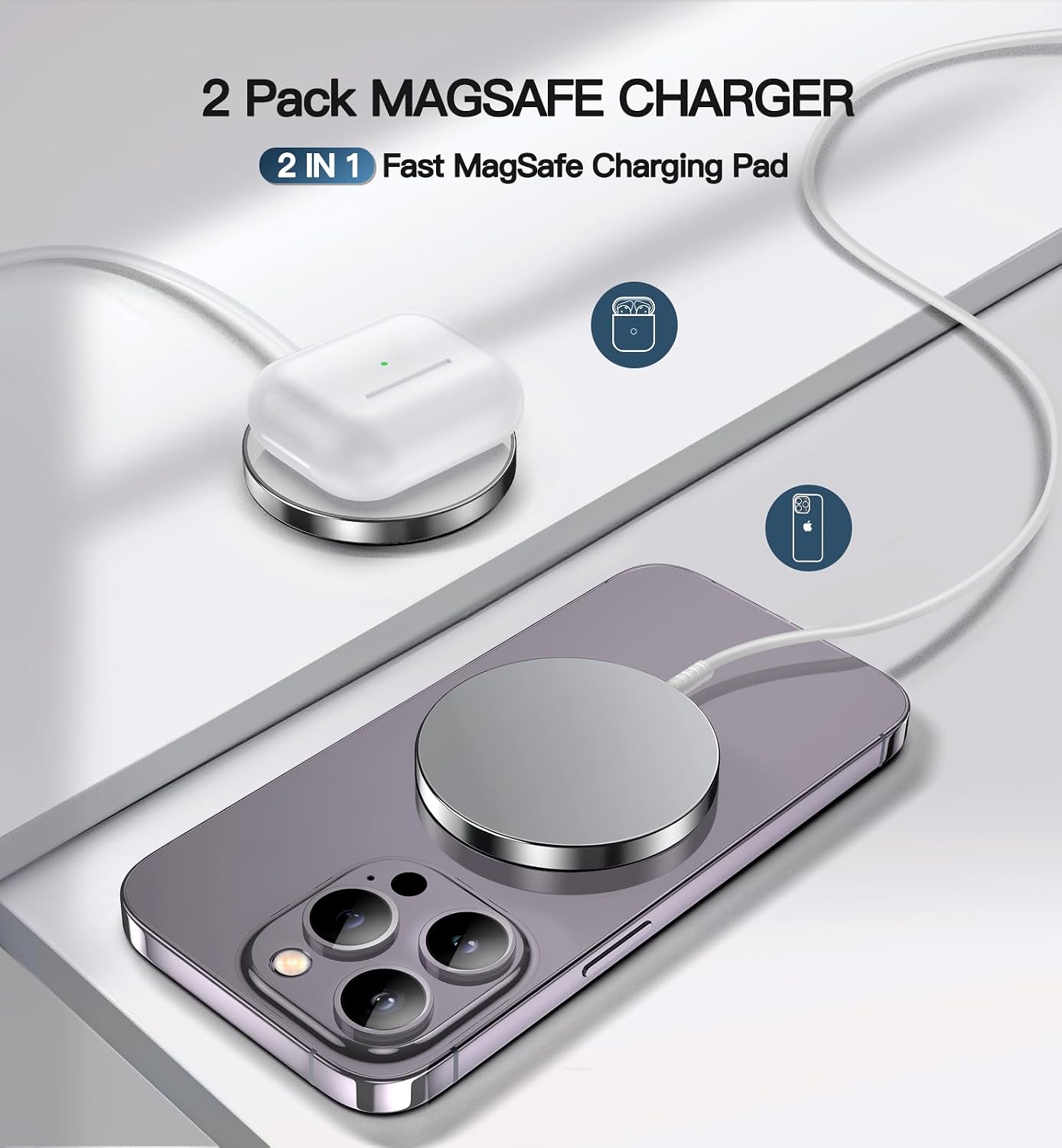 Magnetic Wireless Charger, 2-Pack 15W Fast Mag-Safe Stand for iPhone 17-12 | Fast Magnetic Wireless Charging Pads for iPhone 17/17 Air/17 Pro/17 Pro Max, 16/15/14/13/12 Series and AirPods(white）