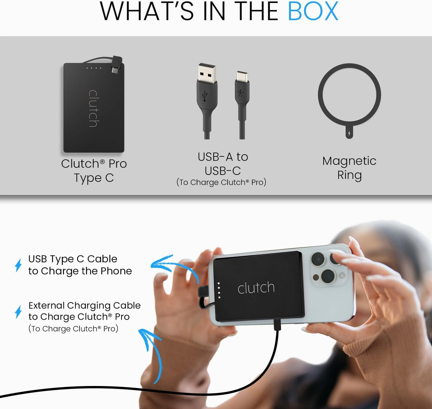 Clutch Pro – World's Thinnest Portable Charger – USB-C Power Bank 5000mAh – Magnetic Built-in Cable – TSA Approved Travel Charger – iPhone 15/16/17 & Android – Black