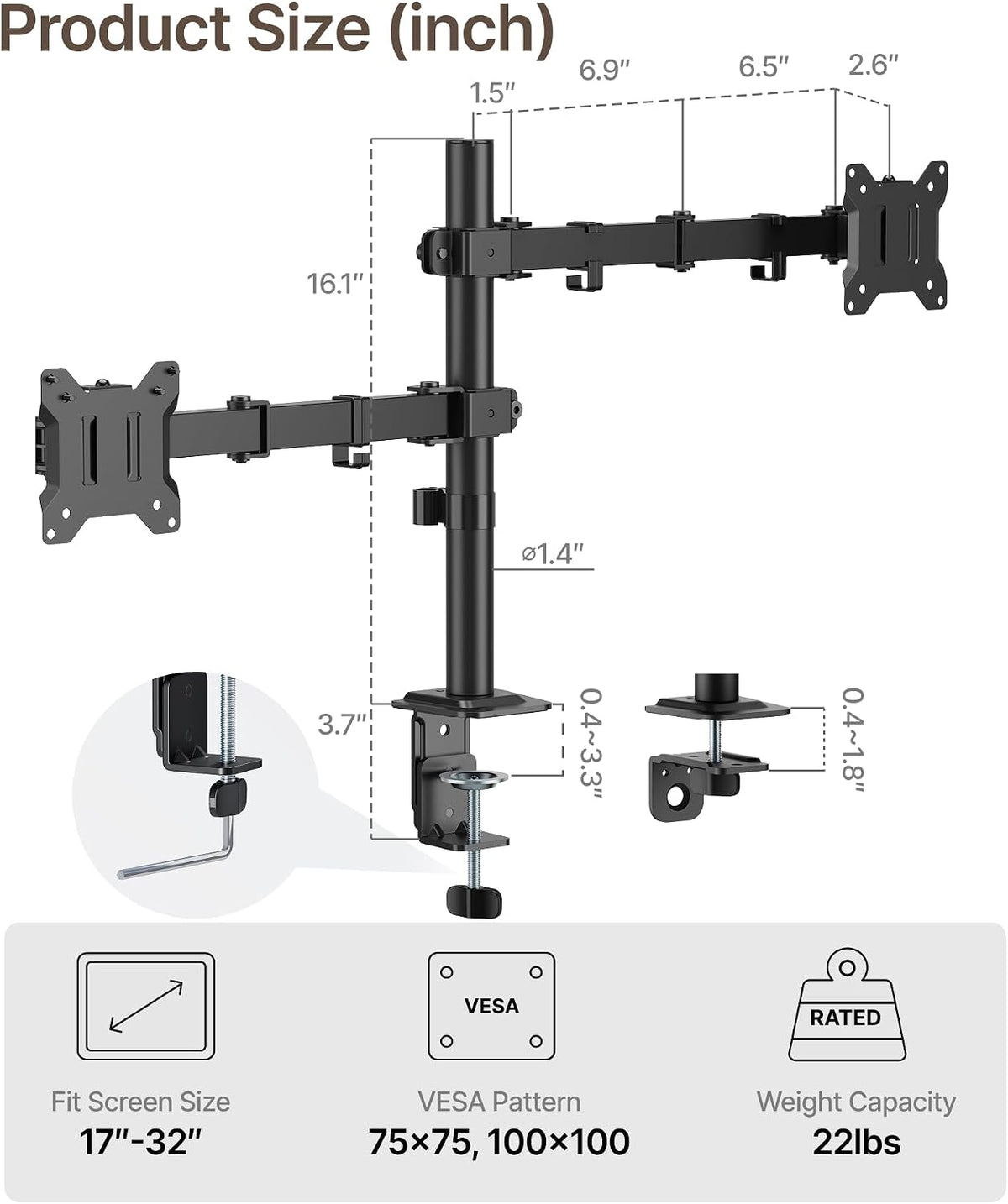monTEK Dual Monitor Stand for 17-32" Screens, 22 lbs Each
