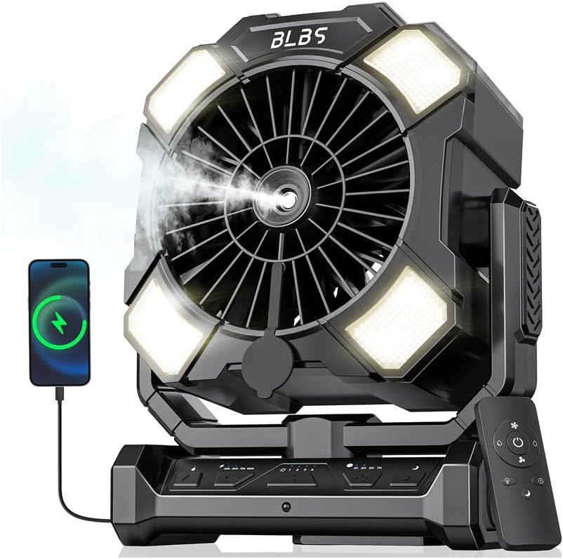 BLBS Misting Fan, Portable Camping Fan with 11oz Water Tank, 160Min Misting, 24000mAh Battery Powered Fans with 4 Speeds, 4 Timers, Light & Hook, Must-Have for Camping, Fishing, Beach & Hiking