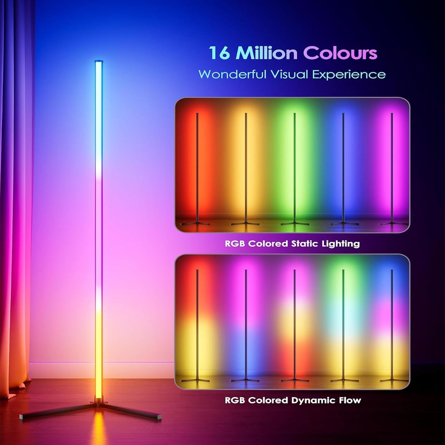 Corner Floor Lamp, 2 Pack LED Corner Lamp with App/Remote/Button Control, Smart RGB Floor Lamp with 16 Million DIY Colors & 68+ Scene, 300+ Scene, Music Sync for Living Room, Bedroom, Gaming Room