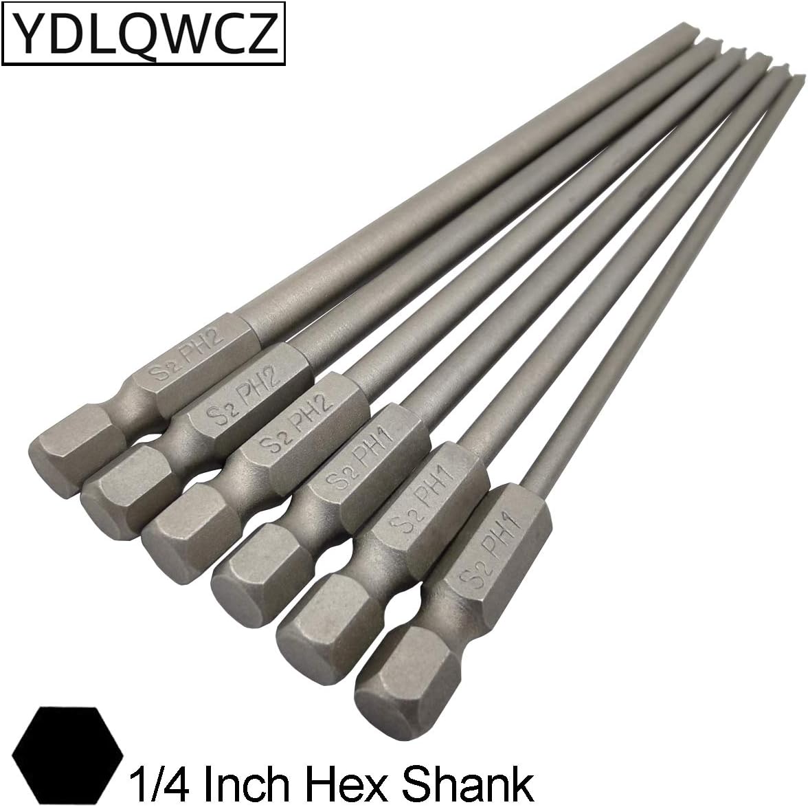 YDLQWCZ Long Phillips Cross Screwdriver Bit Sets PH1(Φ3.0) PH1(Φ4.0) PH1(Φ4.5) PH2(Φ4.5) PH2(Φ5.0) PH2(Φ6.0) 6 Pieces 6 Inch Length S2 Steel Cross Phillips Screwdriver Bit Set(6Pcs Cross Head)