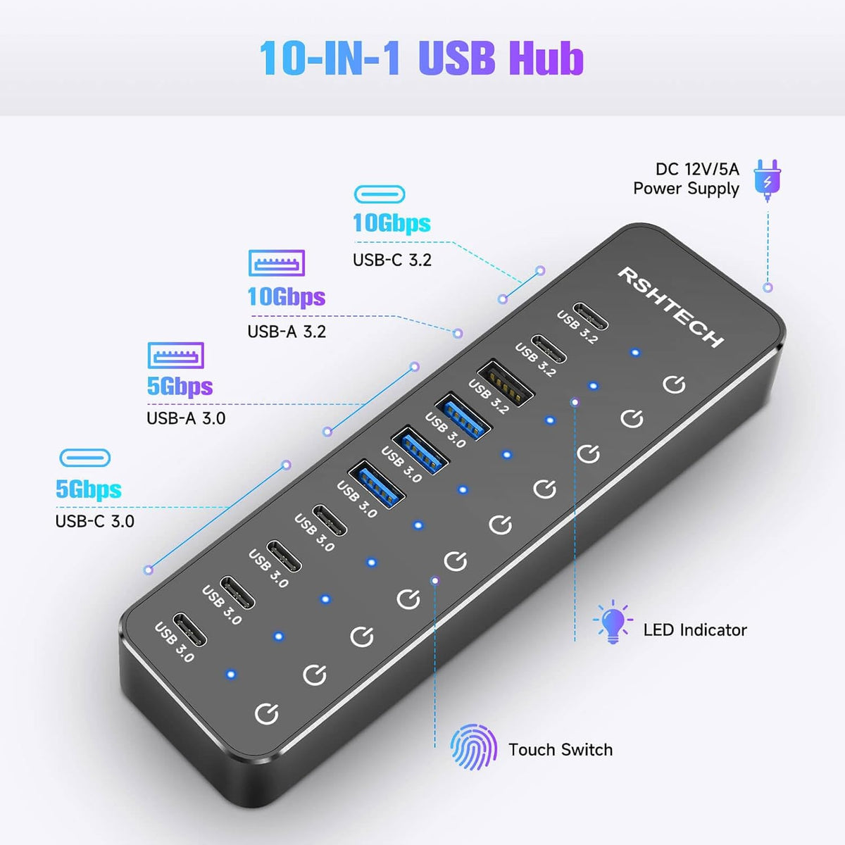 RSHTECH 10-Port Powered USB 3.2/USB C Data Hub Splitter 60W, RSH-ST10C-6