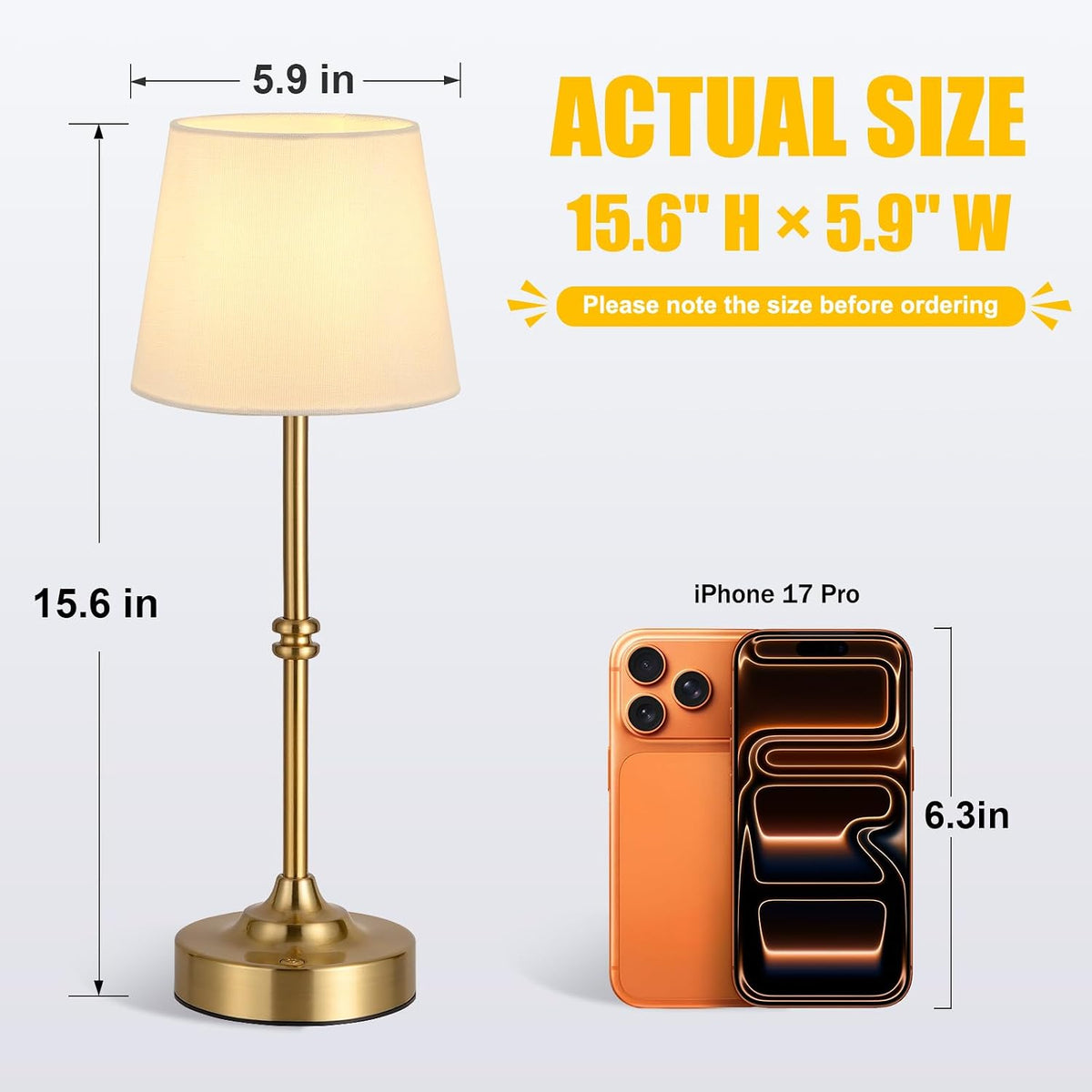 Kakanuo Cordless Table Lamp, Rechargeable Battery Operated, Brass, 1 Pack | 4000mAh Battery, USB-C Charging, 3000K Warm Light, Touch Control, Stepless Dimming, Bedside, Dining Table, Living Room