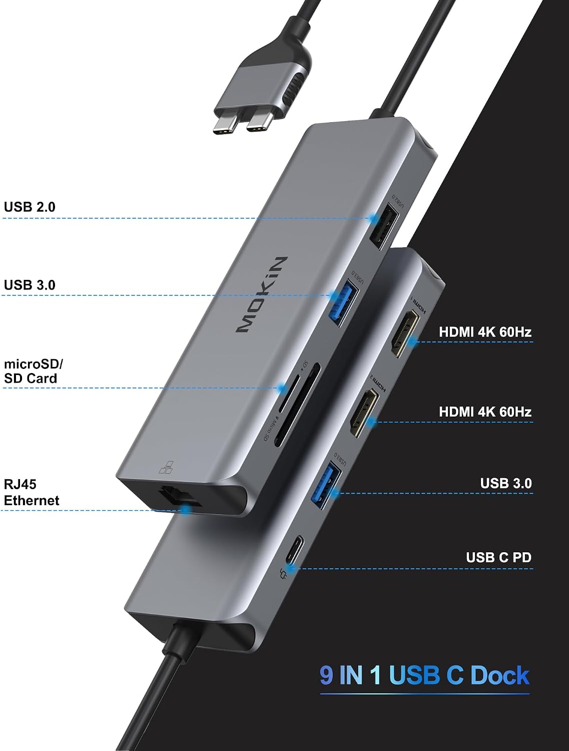 MacBook Pro Docking Station Dual Monitor MacBook Pro HDMI Adapter,9 in 1 USB C Adapters for MacBookPro Air Mac HDMI Dock Dongle Dual USB C to Dual HDMI Ethernet 3USB SD/TF100W PD