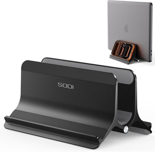 SODI Vertical Laptop Stand Holder for Desk Compatible with MacBook Air, MacBook Pro Stand Vertical Aluminum Up to 17 inch, Gravity Auto-Lock Cooling, 3-in-1 Space Saving Desk Organizer Accessories