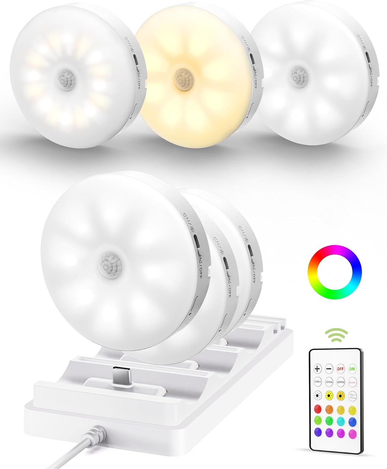 EZVALO Under Cabinet Lighting with Charging Station, 1000mAh Rechargeable Puck Lights with Remote, 3 Color Temps & 12 RGB Closet Lights, Dimmable Motion Sensor Lights for Shelf, Kitchen (6 Packs)