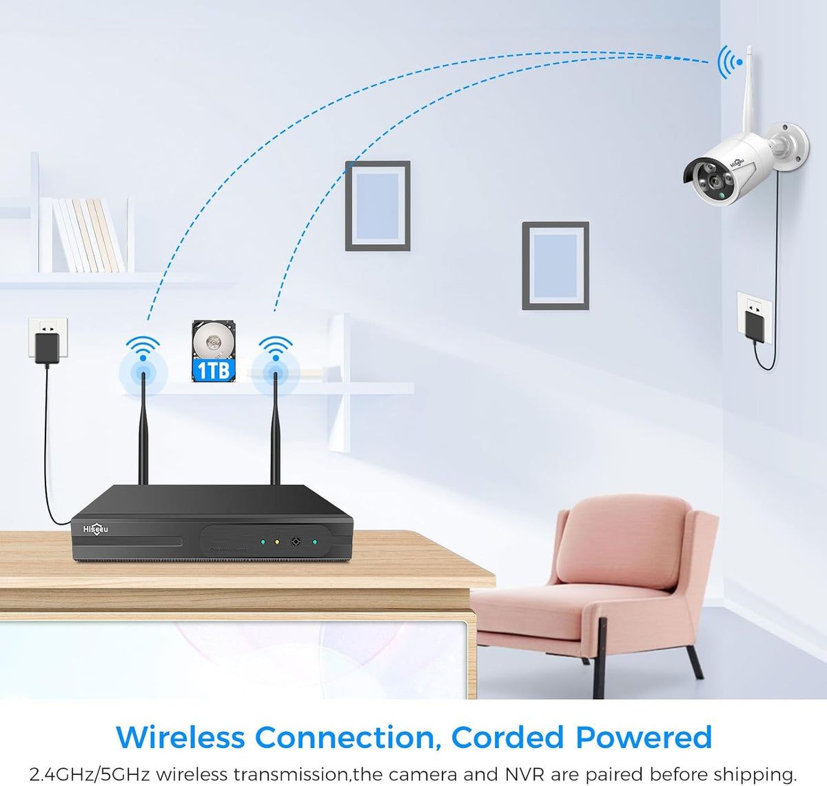 Hiseeu [100ft] Wireless WiFi Security Camera System, Wired Plug-in Powered, Expandable 16CH 4K NVR, 4Pcs 3MP Night Vision Cameras Home Surveillance Outdoor, Motion Detection, 1TB HDD, One-Way Audio