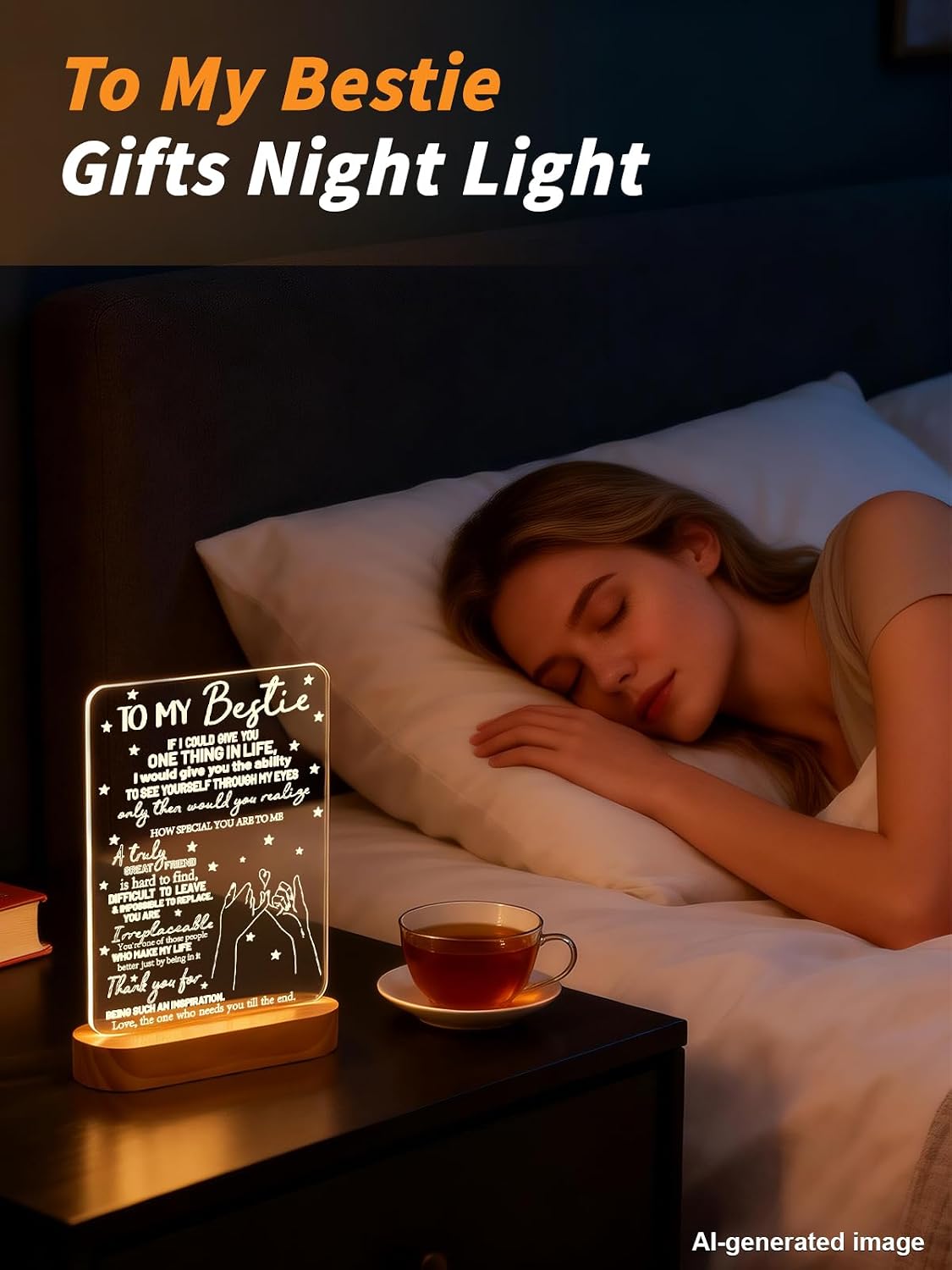 to My Bestie Gifts, Best Friend Gift for Women | Bestie Gift for Women Bestfriend Sister BFF Birthday Christmas Anniversary White Elephant, Soft Warm Color Wooden Table Lamp