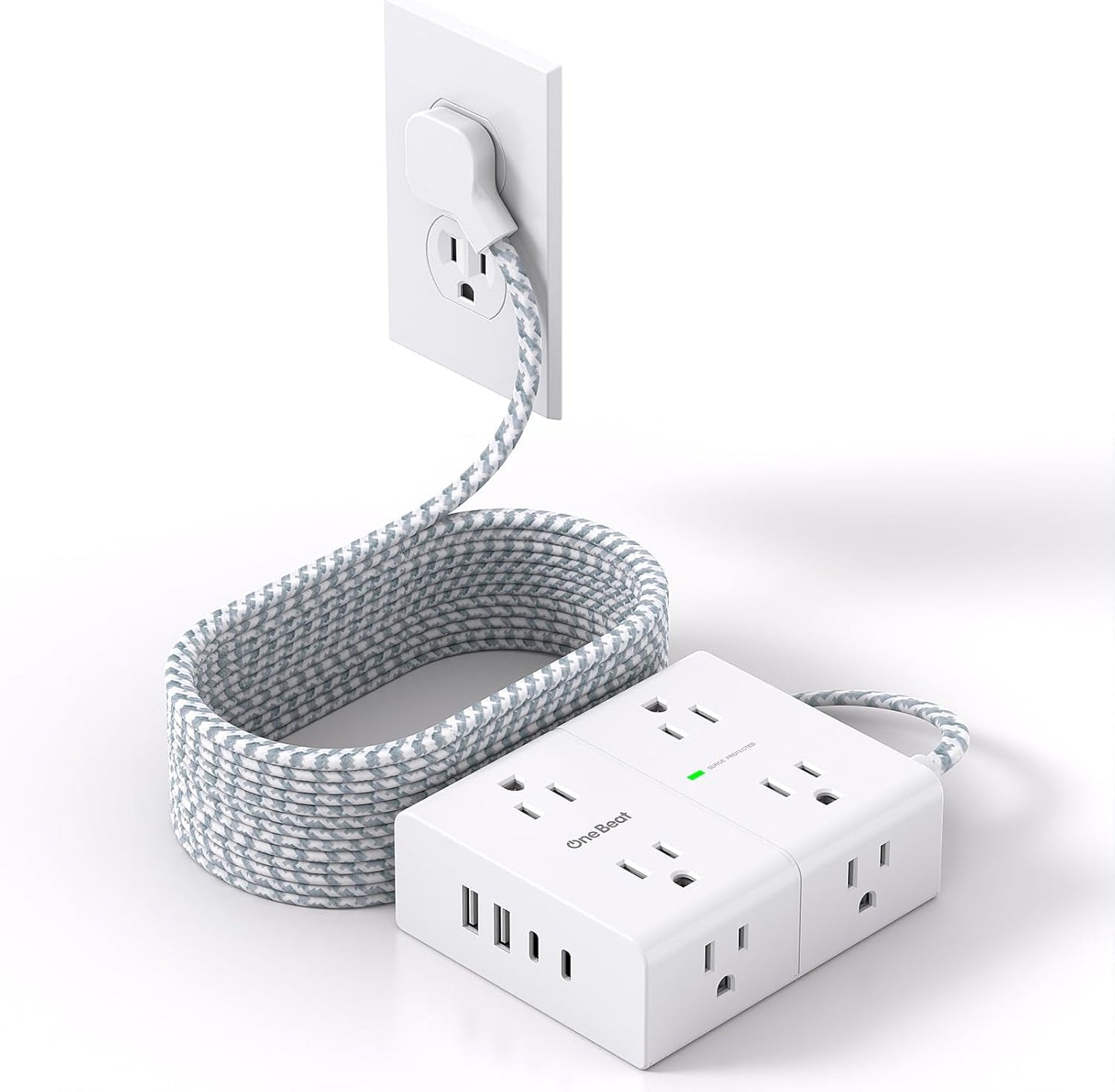 Surge Protector Power Strip 25 Ft Cord, Ultra Thin Flat Extension Cord with 8 Outlets 4 USB Ports(2 USB C), Flat Plug Power Strip, 25 Ft Long Braided Power Cord for College Dorm Room Essentials-BK