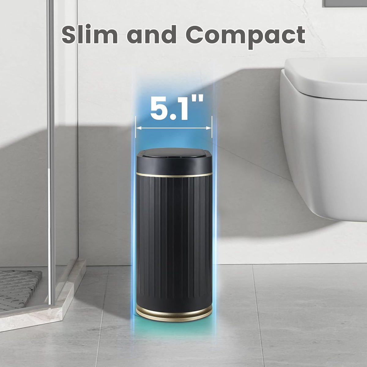 ELPHECO Slim Bathroom Trash Can with Lid, 2 Gallon Black Golden