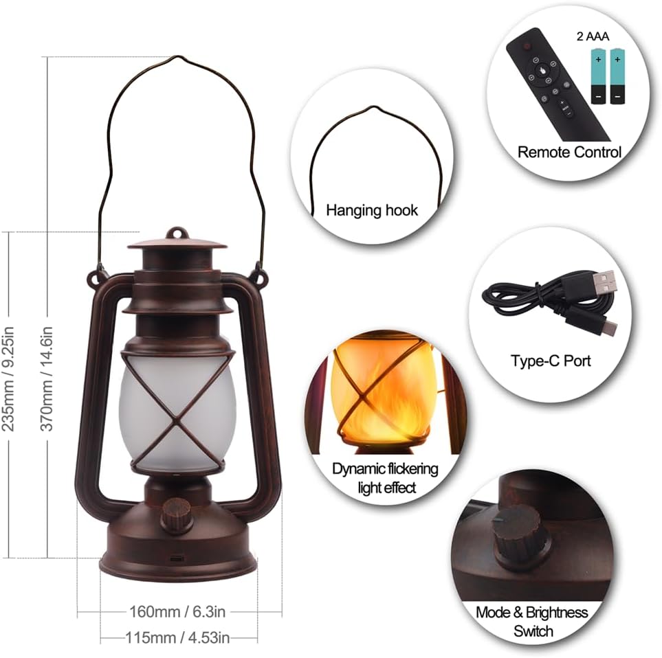 Marlrin USB Rechargeable Lanterns 2 Pack with Remote Control 4 Modes Lights | Vintage Hanging Lanterns Outdoor Waterproof LED Flickering Flame Light Outdoor Indoor Decor for Patio Porch Camping Halloween