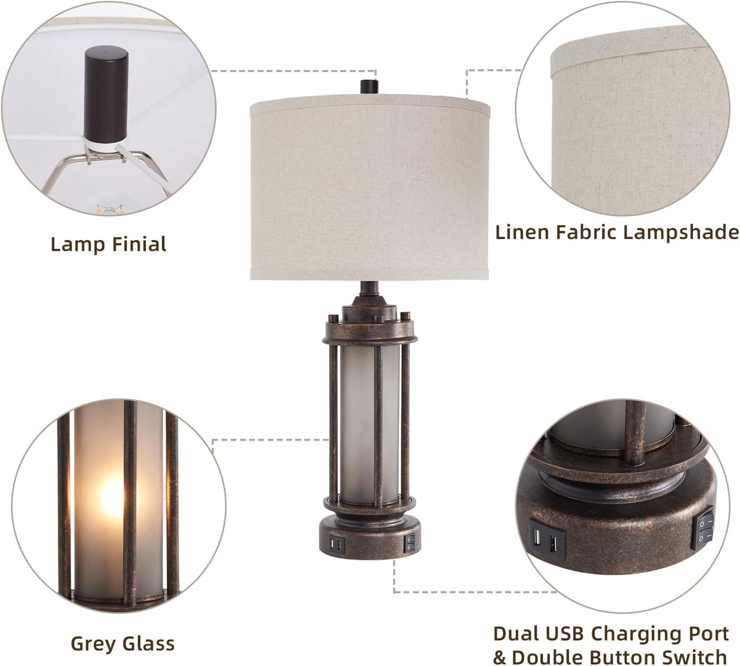 Set of 2 Farmhouse Lamps for Living Room with Glass Night Light and USB C+A | Rustic Vintage Bedroom Nightstand Table Lamp, Built-In Frosted Glass for End Table Entryway, 4 Bulbs Included (Bronze)