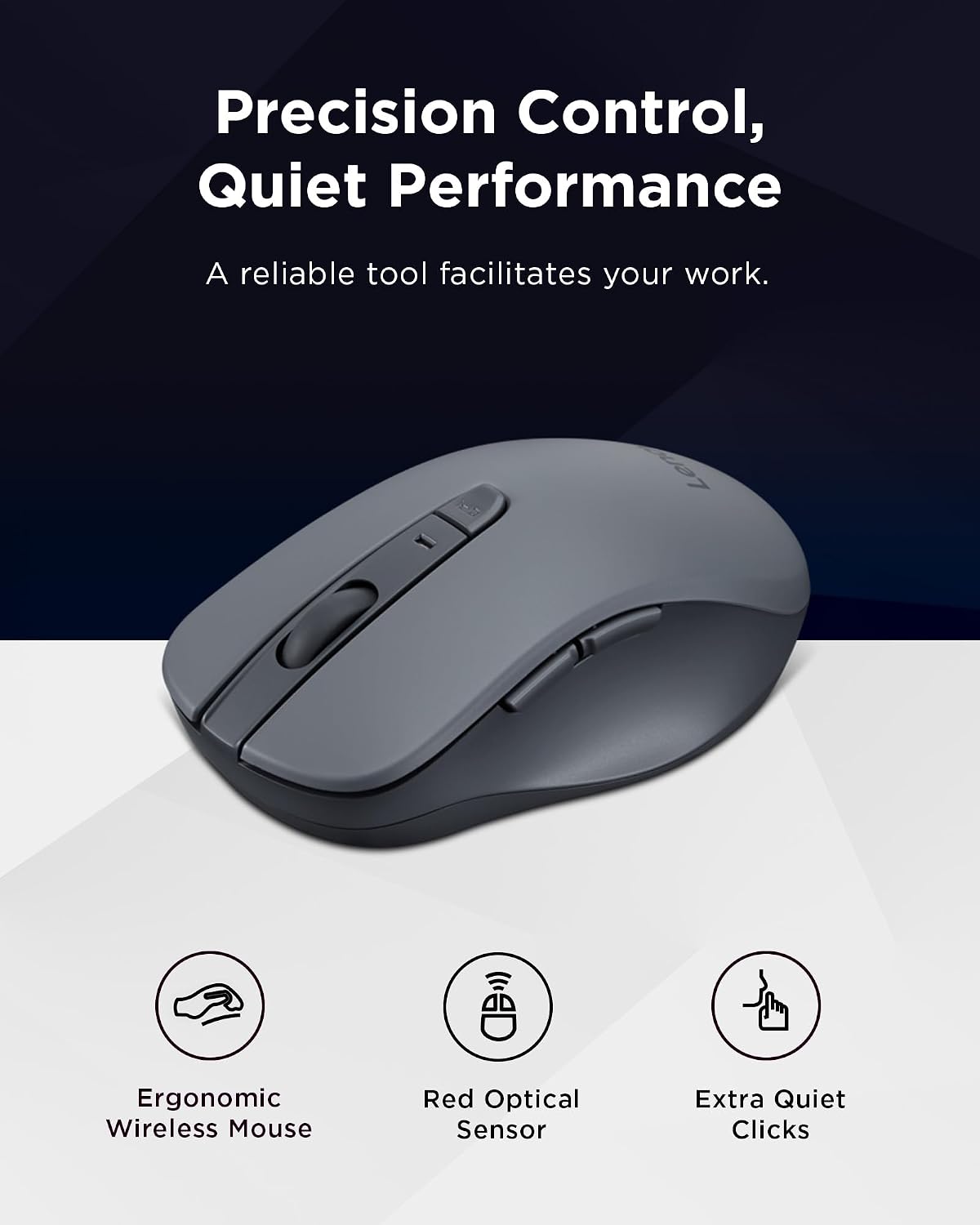 Lenovo WL310 Bluetooth Silent Mouse, Ergonomic, Adjustable DPI, Silent Clicks, Bluetooth 5.0, Portable for Windows, Mac, and Chromebook, Grey