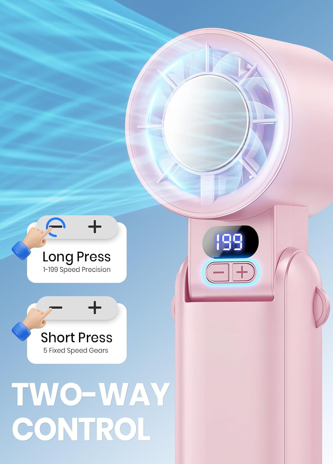 Portable Handheld Turbo Fan, 1-199 Speed Adjustable, Pink | 4 IN 1 Pocket Design with LED Display, High-Power Motor, Rechargeable Battery, Mini Fans for Indoor/Outdoor/Travel/Work