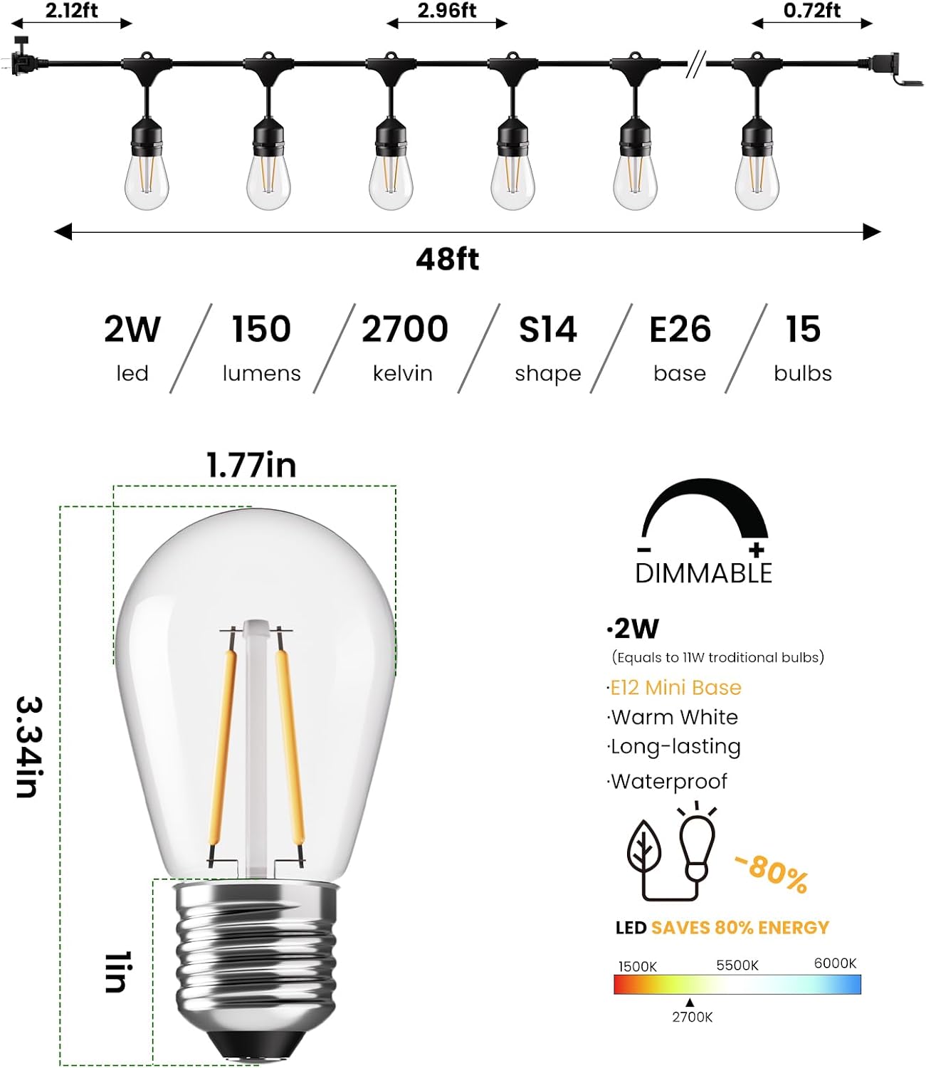 Svater 48 FT Outdoor String Lights 2W Commercial Grade Waterproof S14 ETL | Outside Patio Light with Shatterproof Antique Edison E26 LED Bulbs, Connectable Hanging Strand for Bistro Cafe Market 2700K