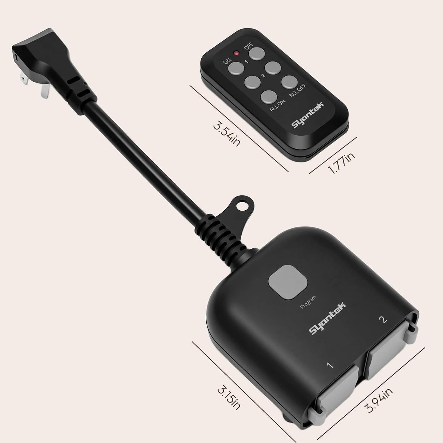 Syantek Outdoor Wireless Remote Control Outlet Indoor 2-in-1 Outlet Switch Weatherproof Power Strip Heavy Duty Energy Plug, 15A, Dual 3-Prong, 100FT, Multi-Device, FCC Listed