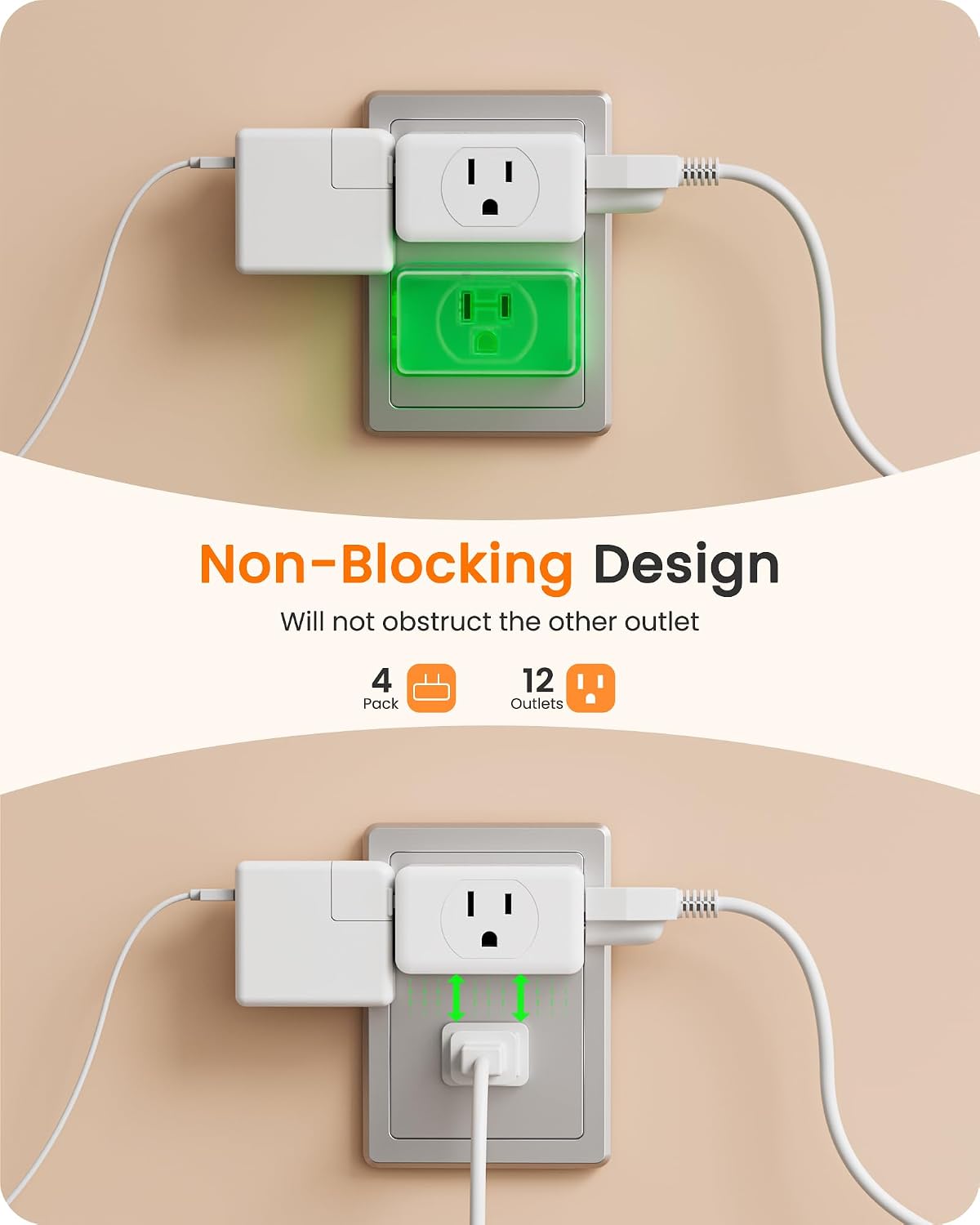 LENCENT 2 Prong to 3 Prong Outlet Adapter, Wall Plug Extender | Multiple Outlet Wall Plug with 3 AC, Non Grounded Outlets Expander for Japan Travel Kitchen Office Older House, 4 Pack