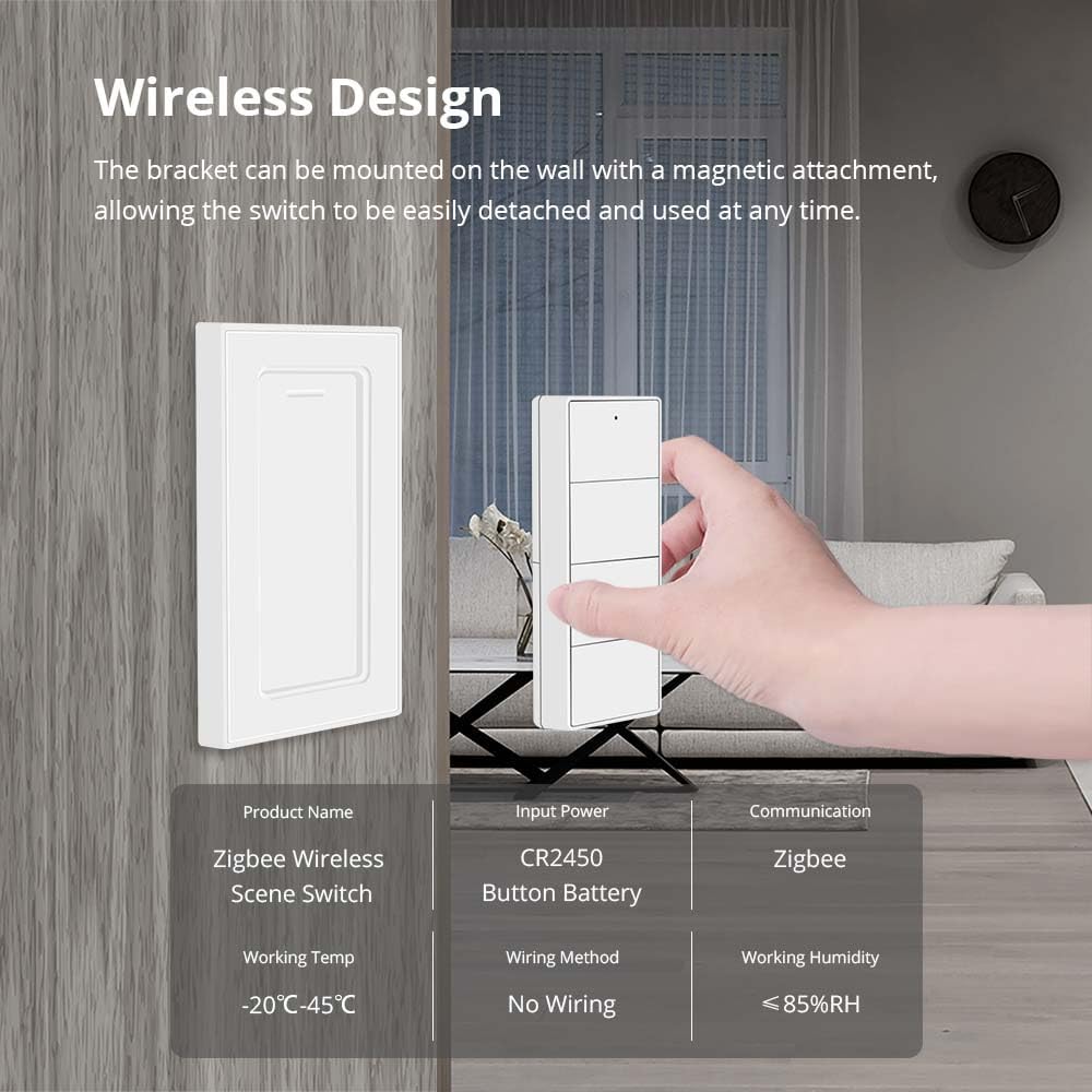Wireless Zigbee Smart Button, 4-Way Remote Control Button Switch for Smart Home Devices, Scene Controller, Compatible with Tuya, Home Assistant, Homey, Hubitat, Requires Tuya Zigbee Hub