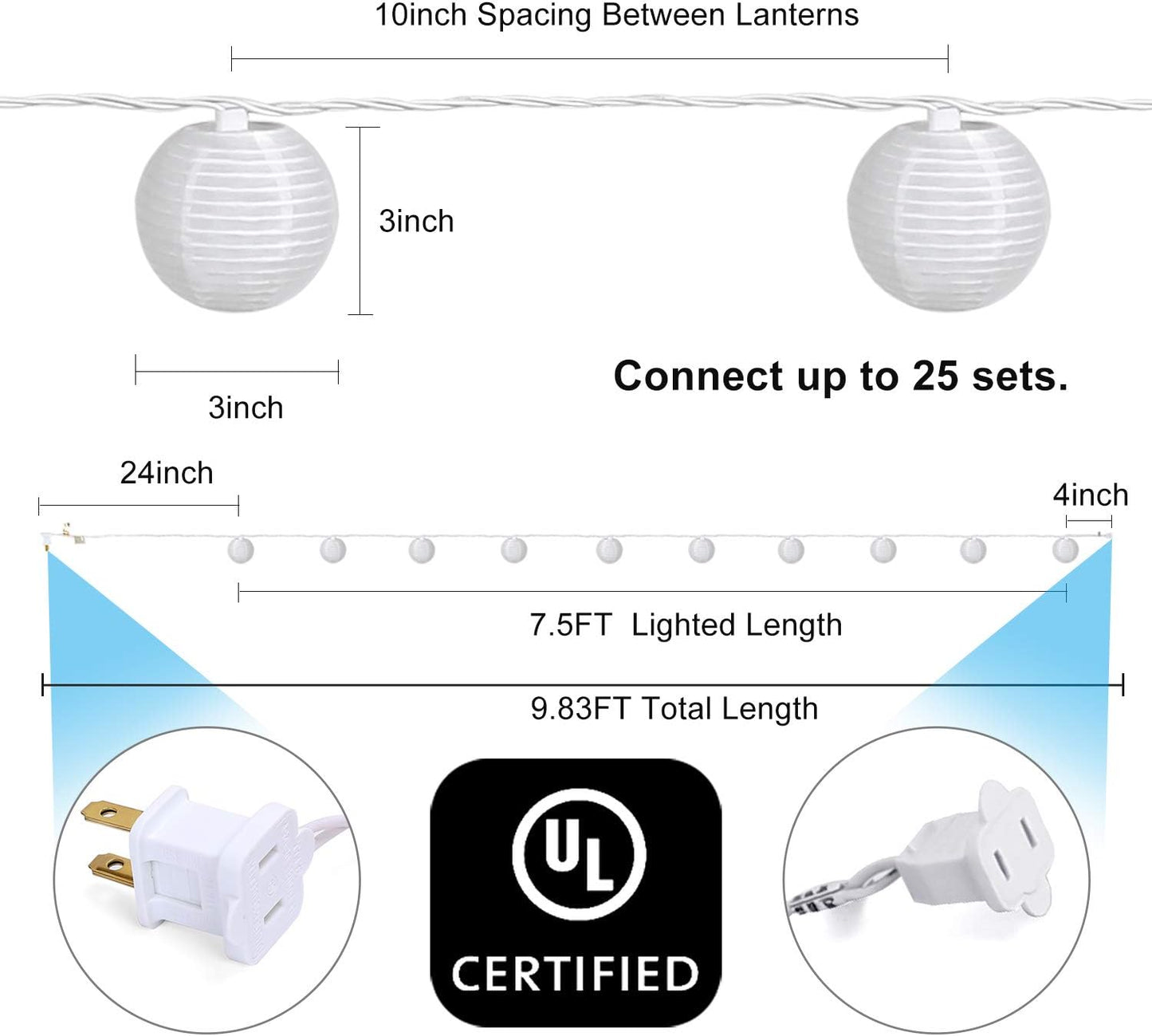 TIGOMOOV 10 White Nylon Lantern String Lights-120V Plug in 9.83FT White Wire, Waterproof Indoor Outdoor Hanging Lantern Lights for Patio, Garden, Bedroom, Wedding, Party and Christmas Holiday Decor