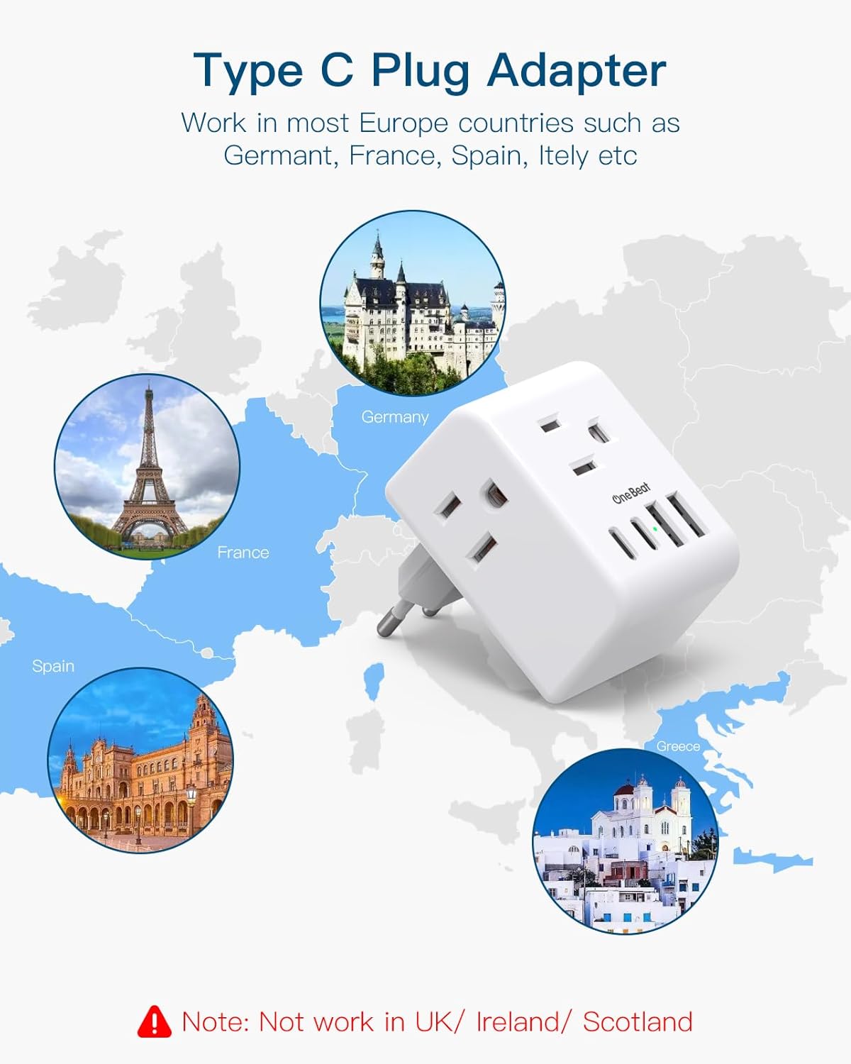 2 Pack European Travel Plug Adapter, Type C Plug Adapter Travel Essentials | International Power Adapter with 3 Outlets 4 USB Ports(2 USB C), US to Most Europe EU Spain Italy France Germany Plug Adapter