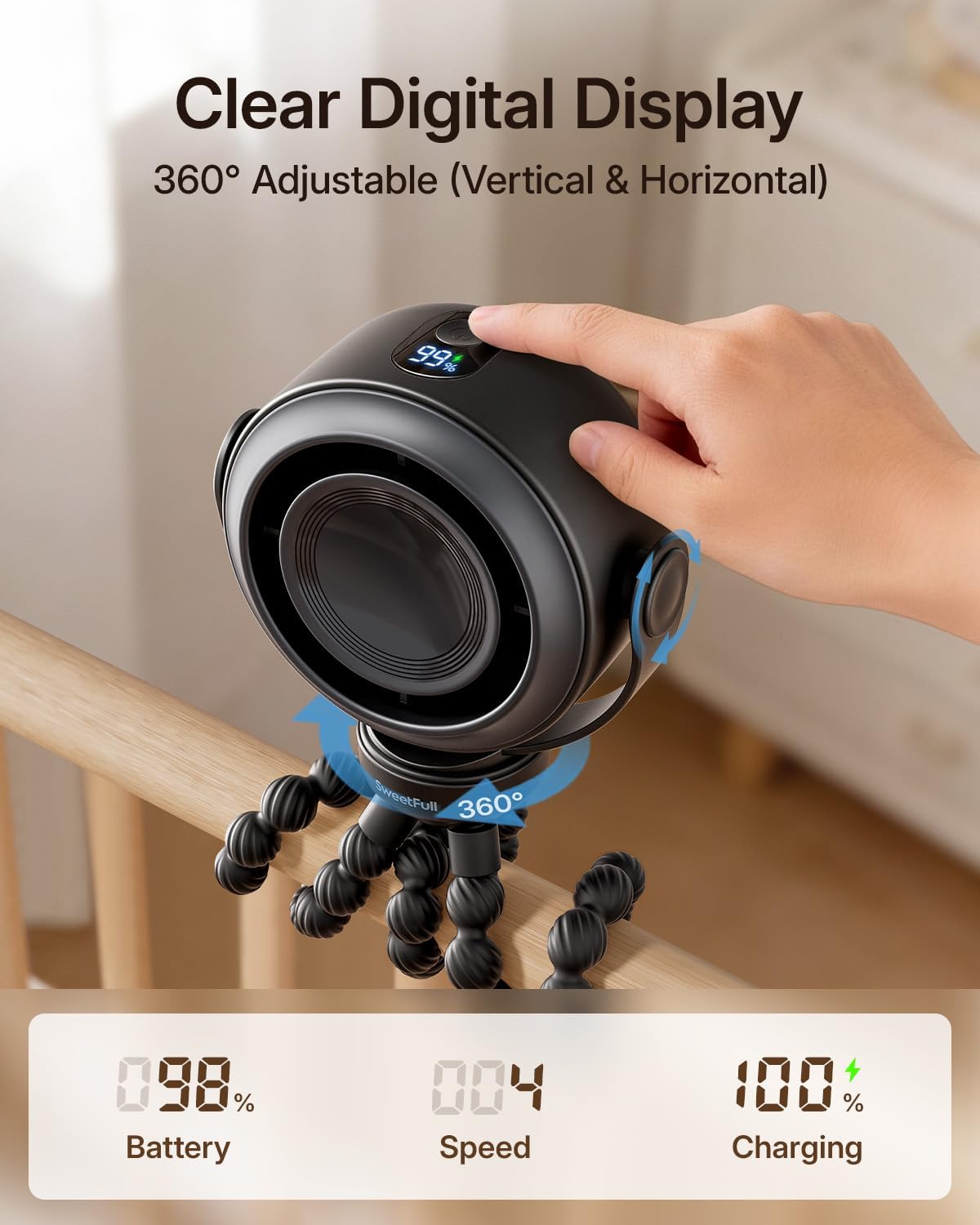 SWEETFULL Portable Stroller Fan, Pinch-Proof Baby Fan - Black | Wide Turbine Airflow; Safe Design; LED Display; 5-Speed; 30dB Quiet; USB-C Rechargeable; Mini Clip On Fan for Car Seat & Bed