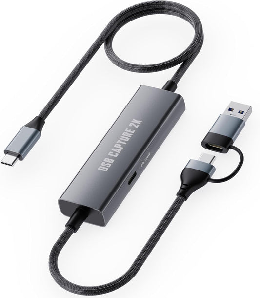 1080P 60FPS 2K@30Hz Capture Card, Type C to USB-A/C Video Capture Card USB 3.0 with 100W Power Delivery Ultra-Low Latency for Streaming, Recording, Gaming Compatible with Switch, iPad, Steam