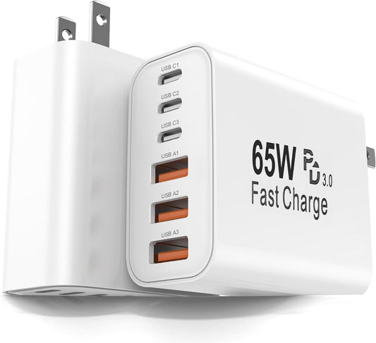 2-Pack 65W USB C Charger Block, 6-Port Fast Wall Charging Block [3 PD USB-C & 3 QC USB-A] for iPhone 17 16 15 Pro Max, iPad Pro, Galaxy S26 S25, Pixel 10 9, iWatch,Google & More