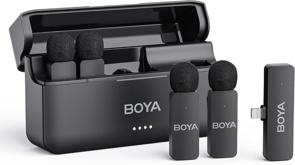 BOYA BY-V4 Wireless Microphones for Cameras DSLR Camcorder with Charging case, 12H Battery Life, 650ft Range, 4-Channel Omnidirectional Noise Canceling Lavalier Mic for Live Streaming Vlog