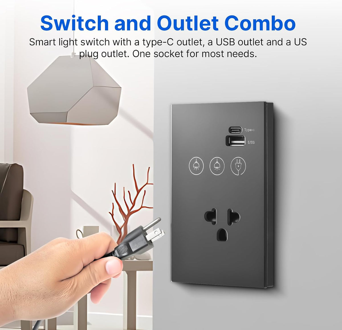 2.4GHz WiFi Light Switch with Type-C USB Power Outlet Neutral Wire Required 2 Way Control Tempered Glass Panel Timing Light Switch APP Voice Remote Control Smart Home Devices