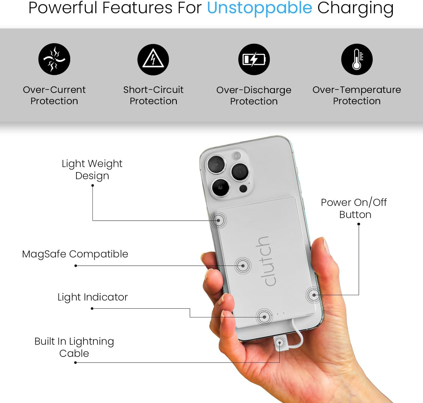 Clutch Pro – World's Thinnest iPhone Charger – Portable Power Bank 5000mAh – Magnetic Built-in Lightning Cable – TSA Approved Travel Charger – iPhone 14 & Earlier – White