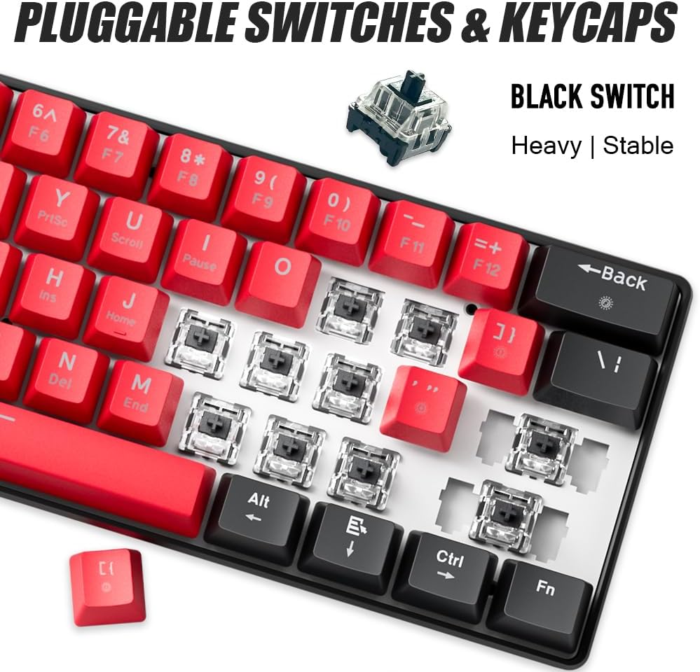 abucow 60% Mechanical Gaming Keyboard Black Switch Wired Compact Keyboard Anti-Ghosting No-Conflict 61 Swappable keycaps Ergonomic Design for Windows/Mac (Black-Red)
